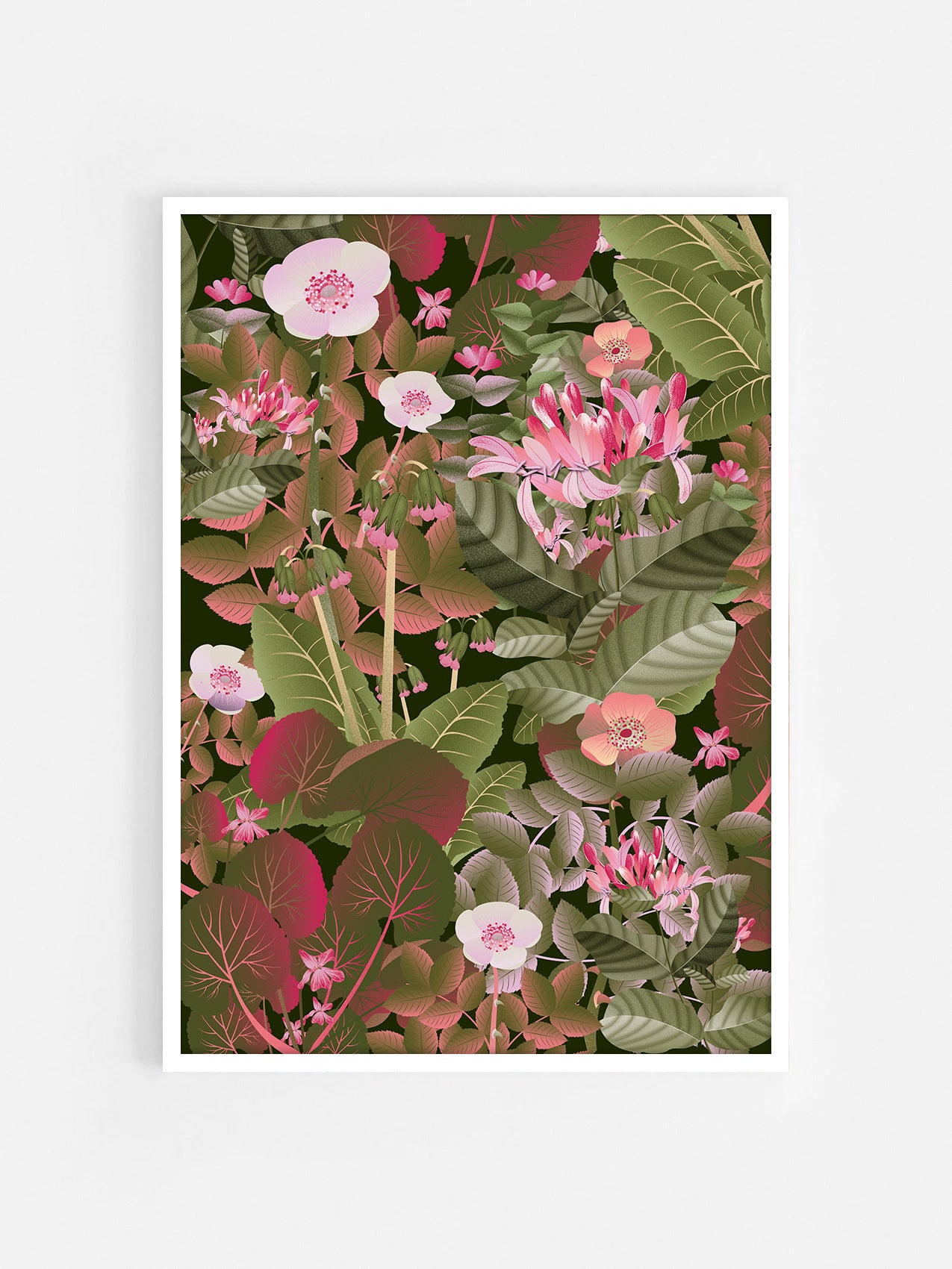 Floral art print 'Flower Fields' with olive, pink, and pomegranate hues, inspired by Shakespeare's enchanted forest - White Frame.