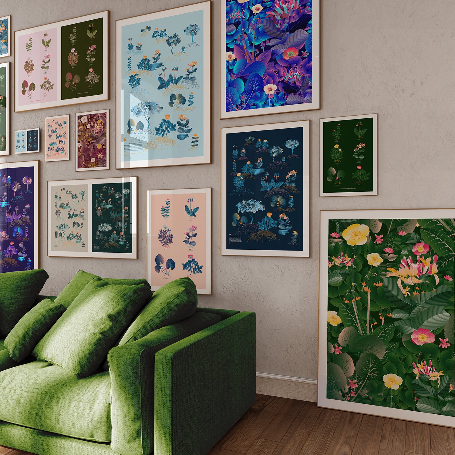 Gallery wall of botanical art prints in wooden frames, featuring floral and nature designs for modern home decor.