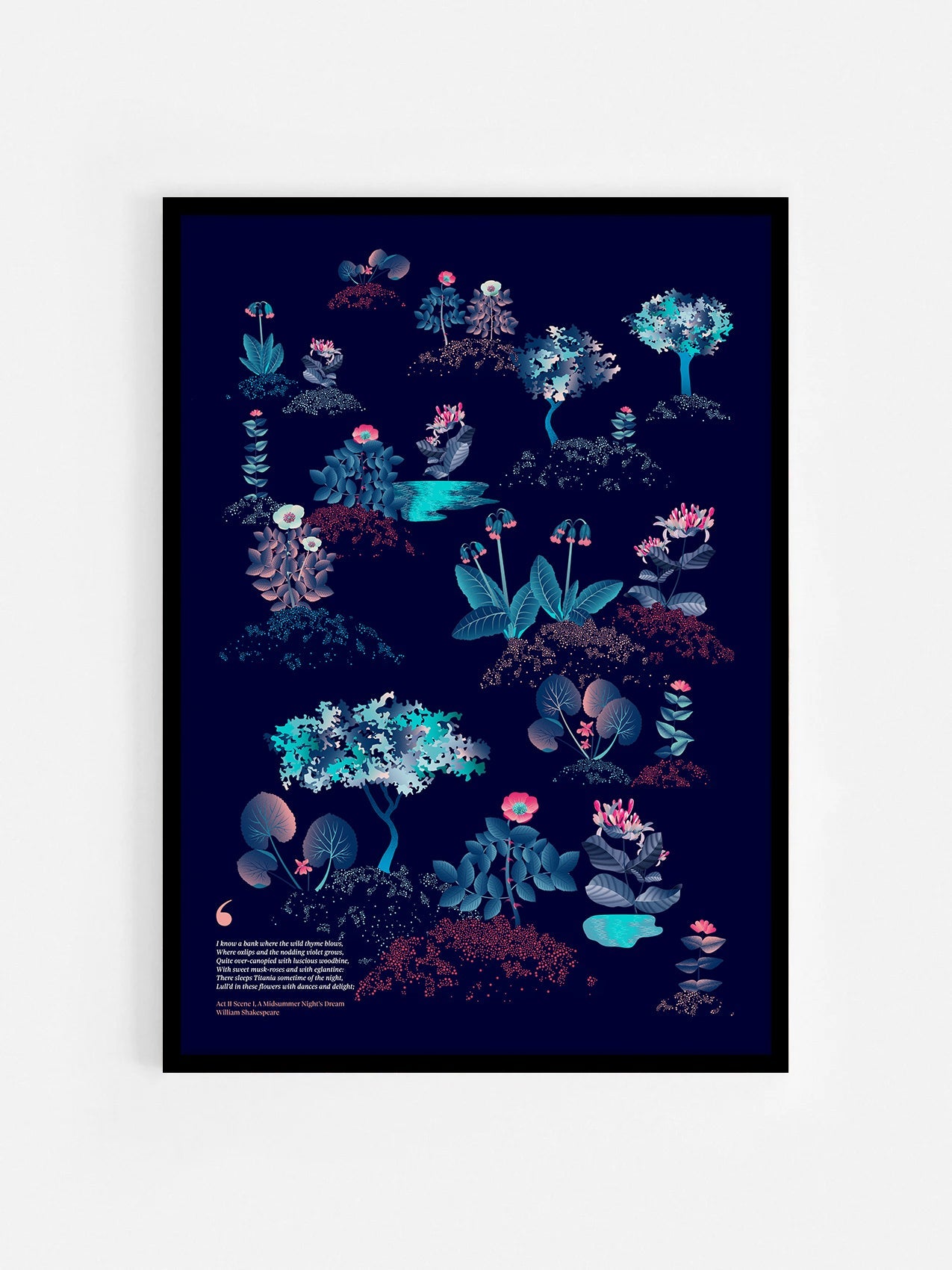 Floral art print 'Midsummer Forest' with ruby red, turquoise, and blue hues, inspired by Shakespeare's woodland - Black Frame.