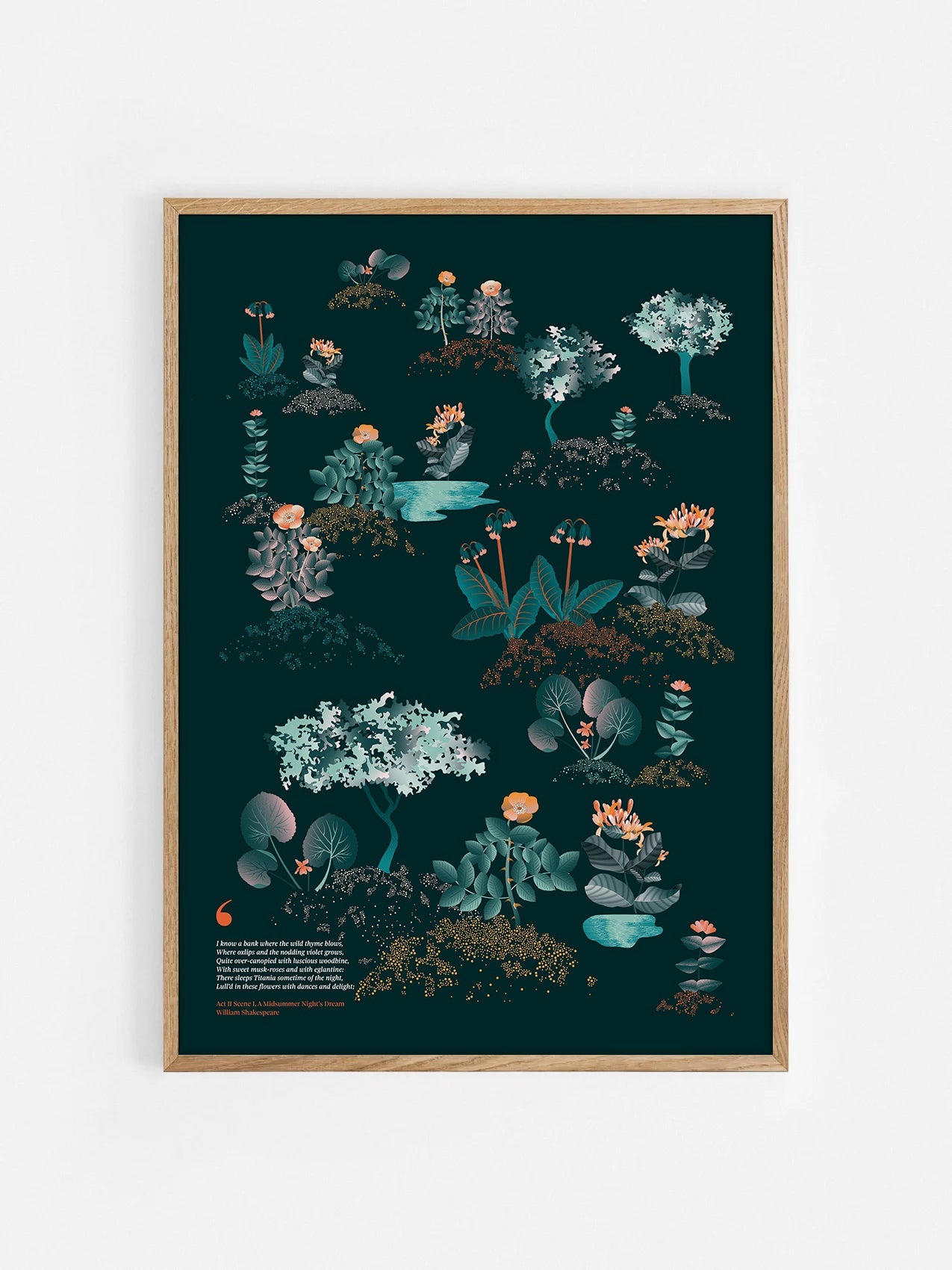 Floral art print 'Midsummer Forest' with teal, mandarin, and orange hues, inspired by Shakespeare's woodland - Oak Frame.