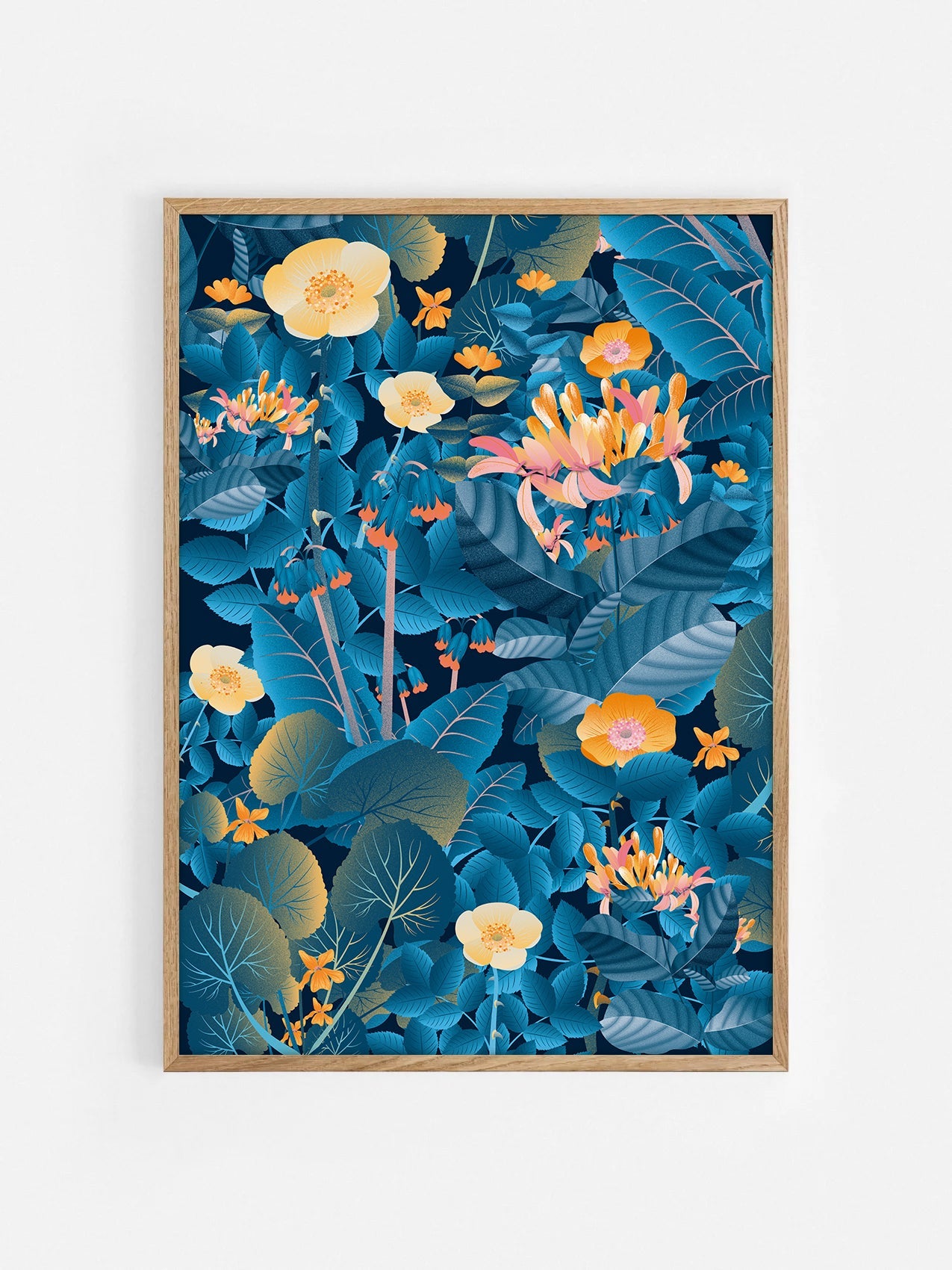 Floral art print 'Flower Fields' with blue, orange, and gold hues, inspired by Shakespeare's enchanted forest - Oak Frame