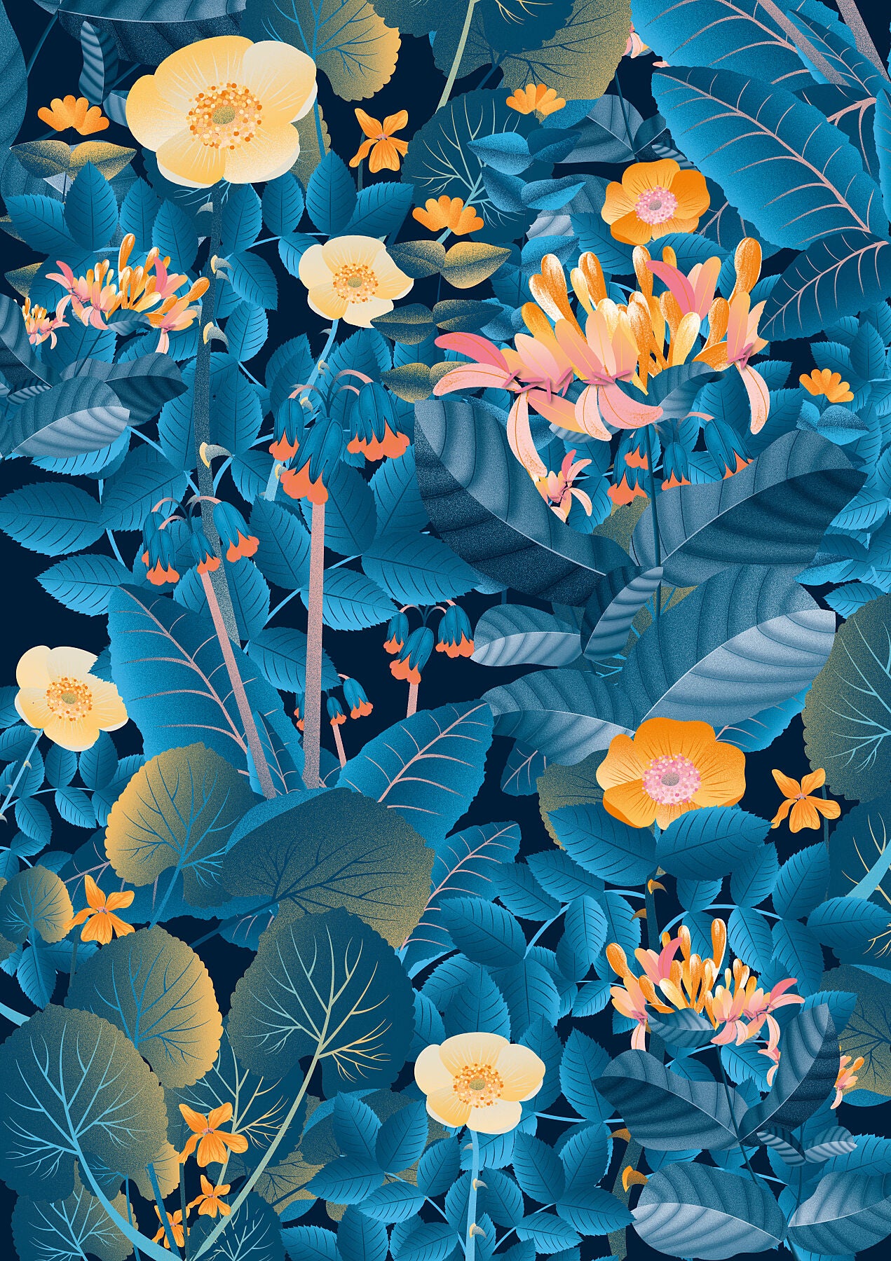 Floral art print 'Flower Fields' with blue, orange, and gold hues, inspired by Shakespeare's enchanted forest - Print only