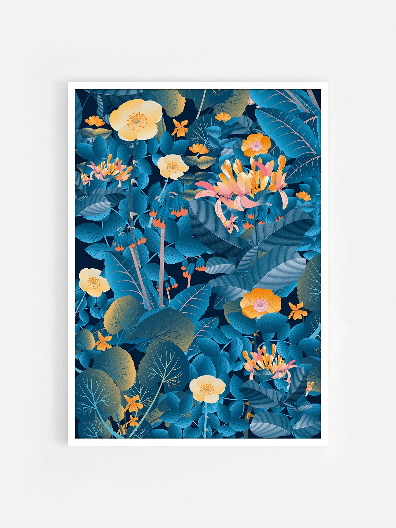 Floral art print 'Flower Fields' with blue, orange, and gold hues, inspired by Shakespeare's enchanted forest - White Frame.