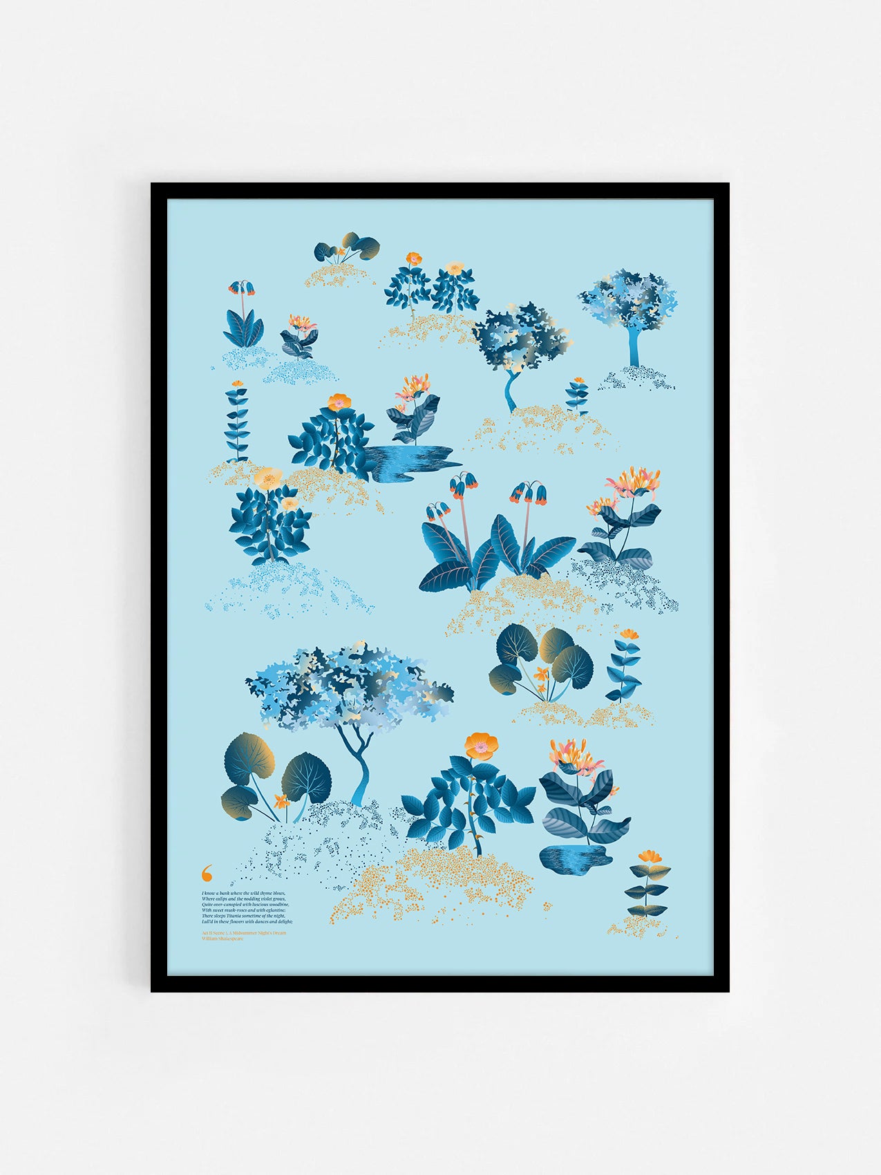 Floral art print 'Midsummer Forest' with blue, orange, and golden hues, inspired by Shakespeare's woodland - Black Frame.