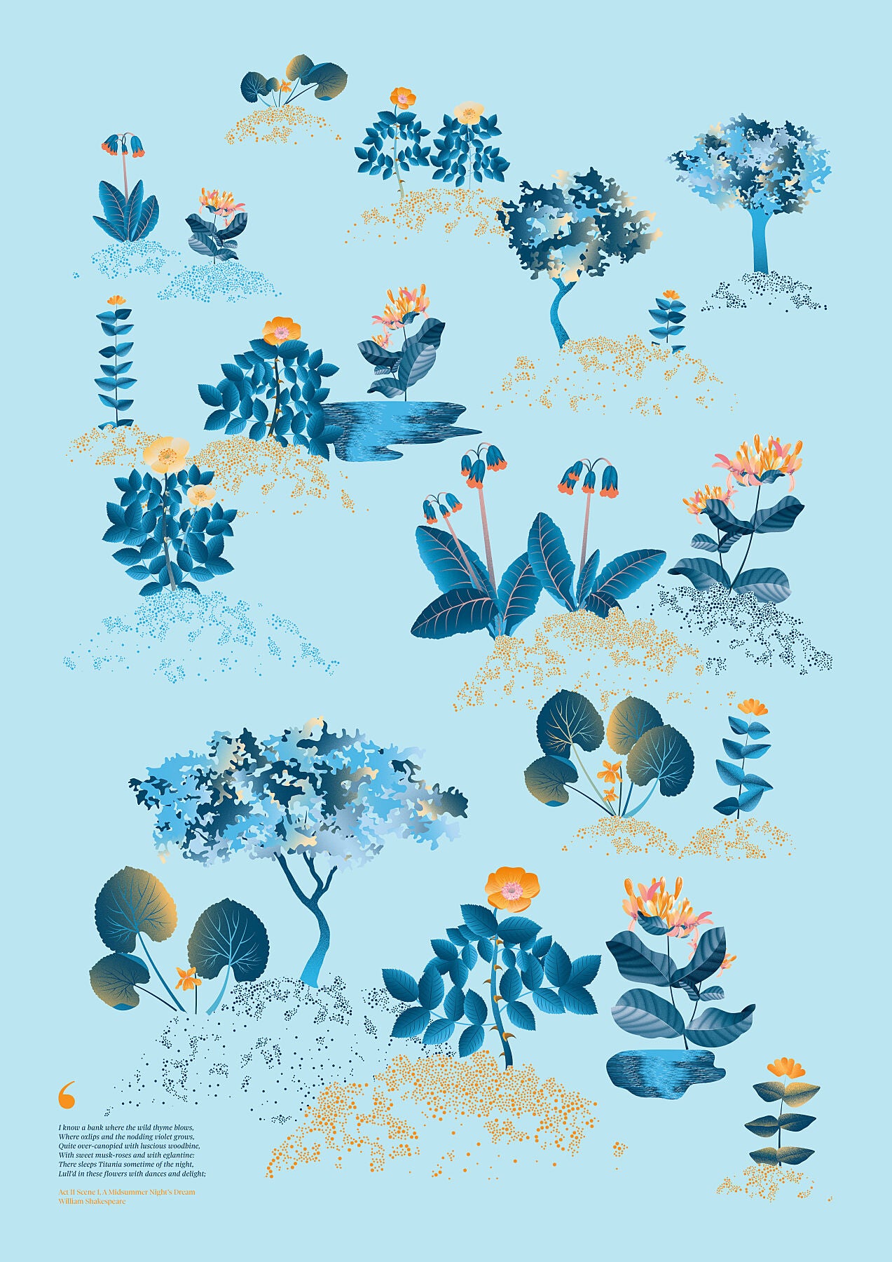 Floral art print 'Midsummer Forest' with blue, orange, and golden hues, inspired by Shakespeare's woodland - Print Only.