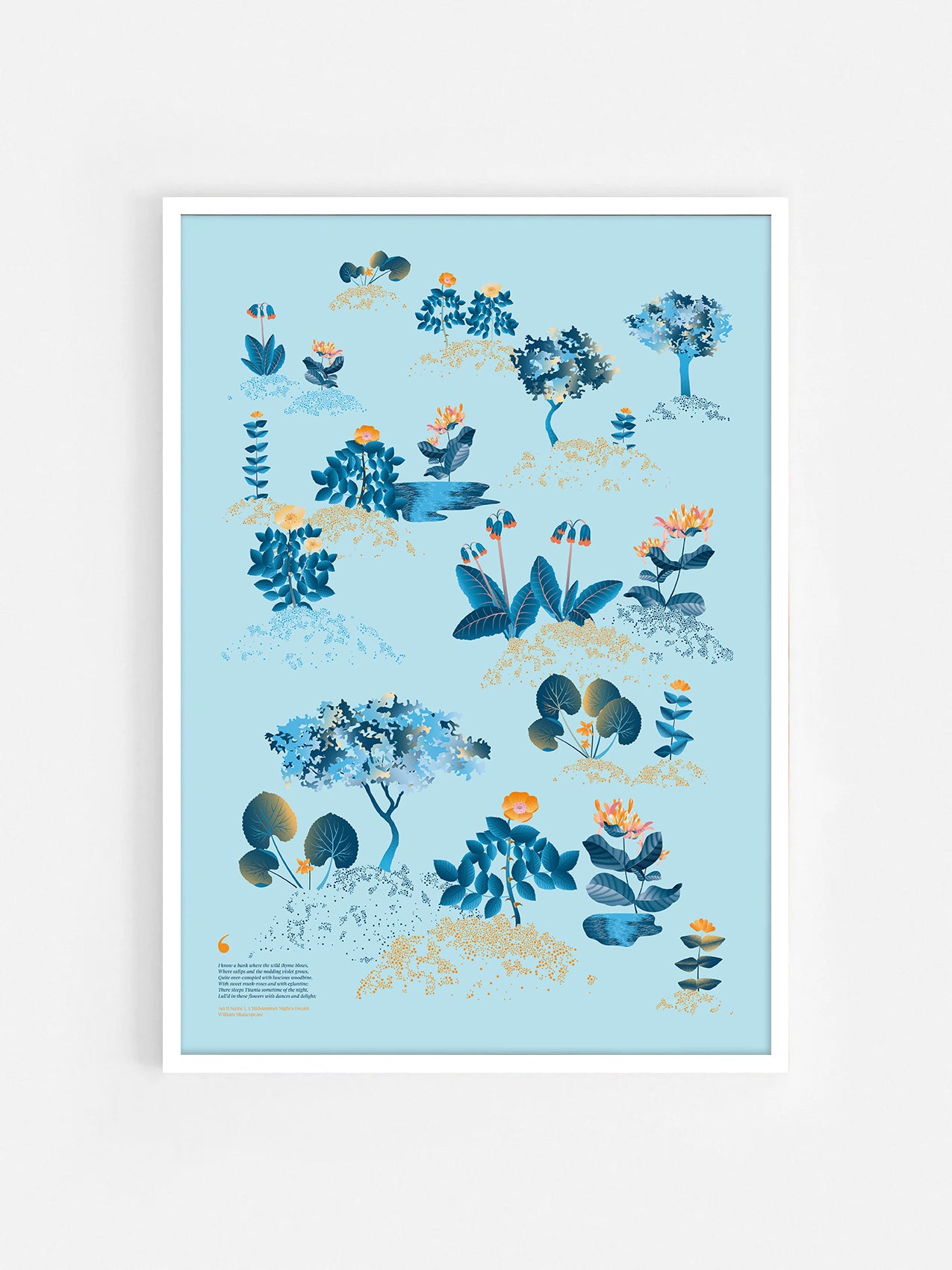 Floral art print 'Midsummer Forest' with blue, orange, and golden hues, inspired by Shakespeare's woodland - White Frame.