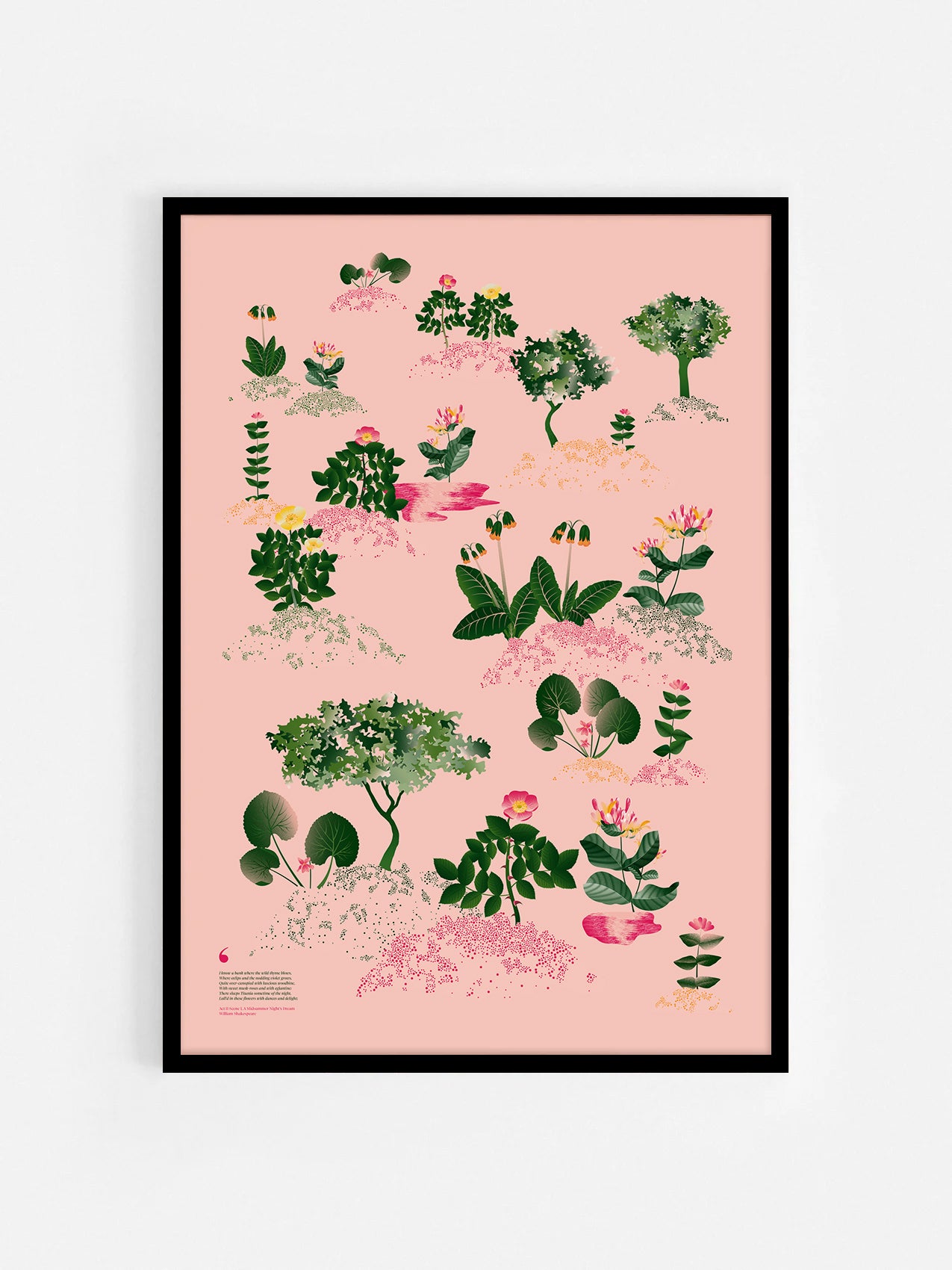Floral art print 'Midsummer Forest' with forest green, saffron, and magenta hues, inspired by Shakespeare's woodland - Black Frame.