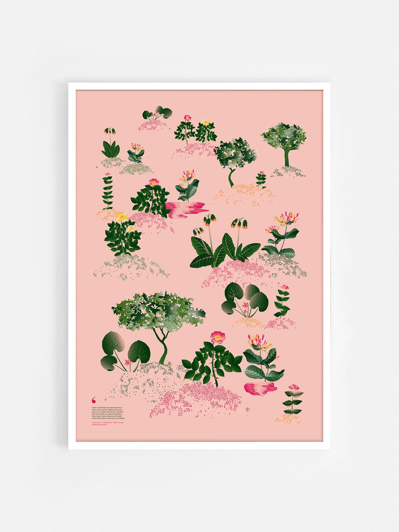 Floral art print 'Midsummer Forest' with forest green, saffron, and magenta hues, inspired by Shakespeare's woodland - White Frame.