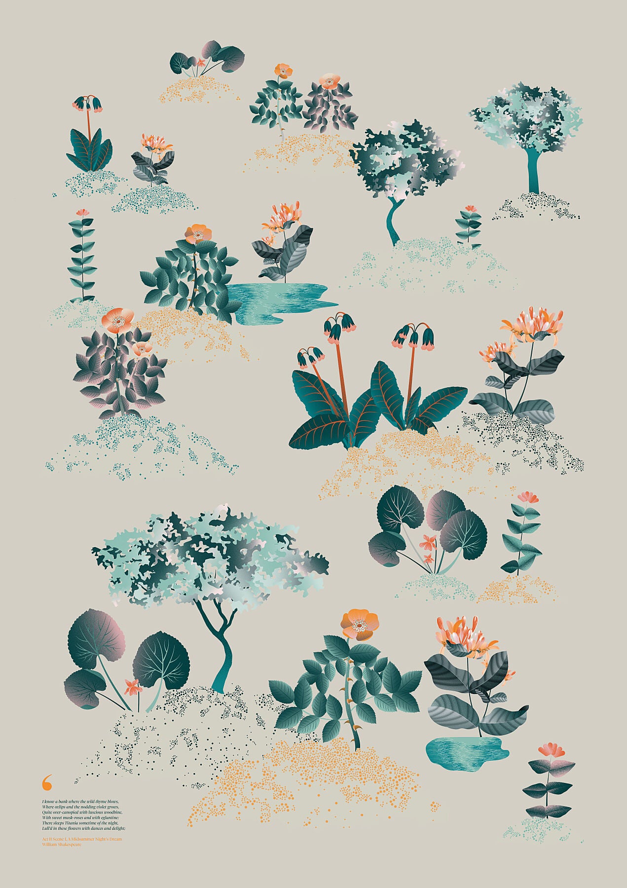 Floral art print 'Midsummer Forest' with teal, mandarin, and orange hues, inspired by Shakespeare's woodland - Print Only.