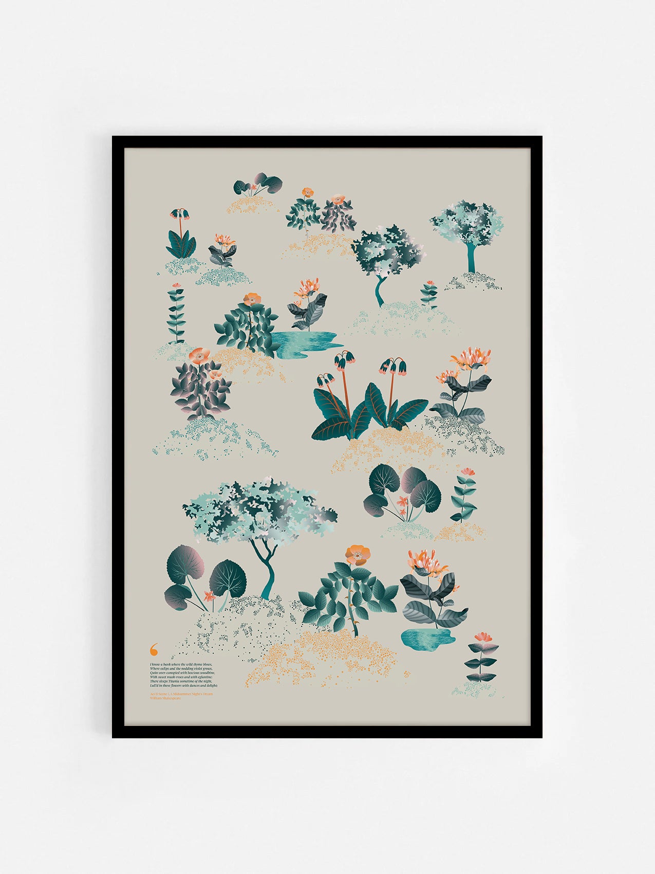 Floral art print 'Midsummer Forest' with teal, mandarin, and orange hues, inspired by Shakespeare's woodland - Black Frame.
