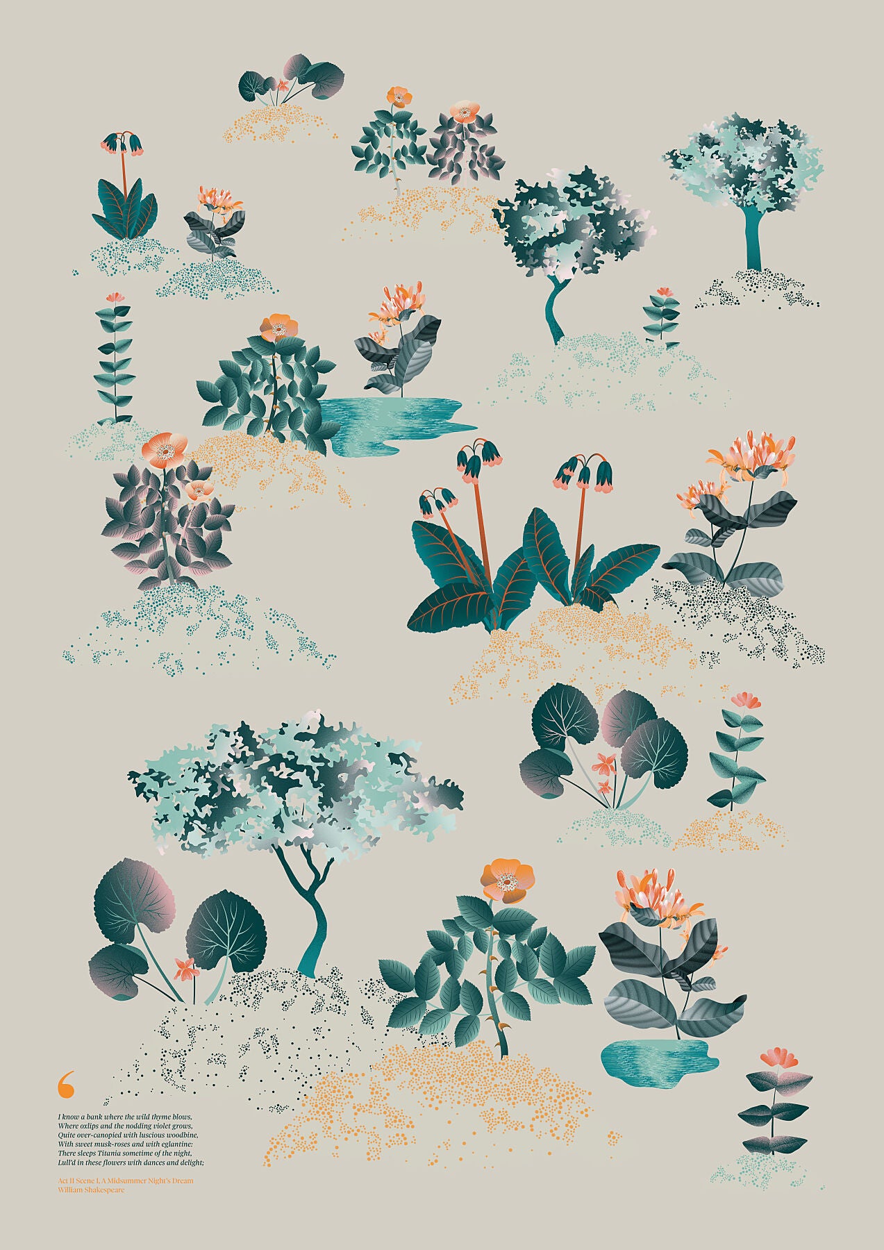 Floral art print 'Midsummer Forest' with teal, mandarin, and orange hues, inspired by Shakespeare's woodland - Print Only.