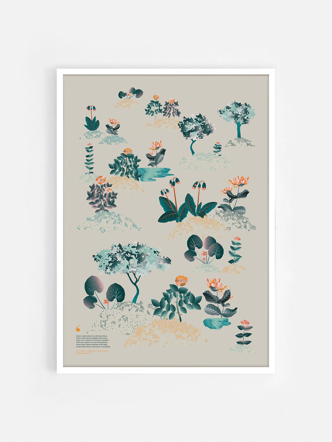 Floral art print 'Midsummer Forest' with teal, mandarin, and orange hues, inspired by Shakespeare's woodland - White Frame.