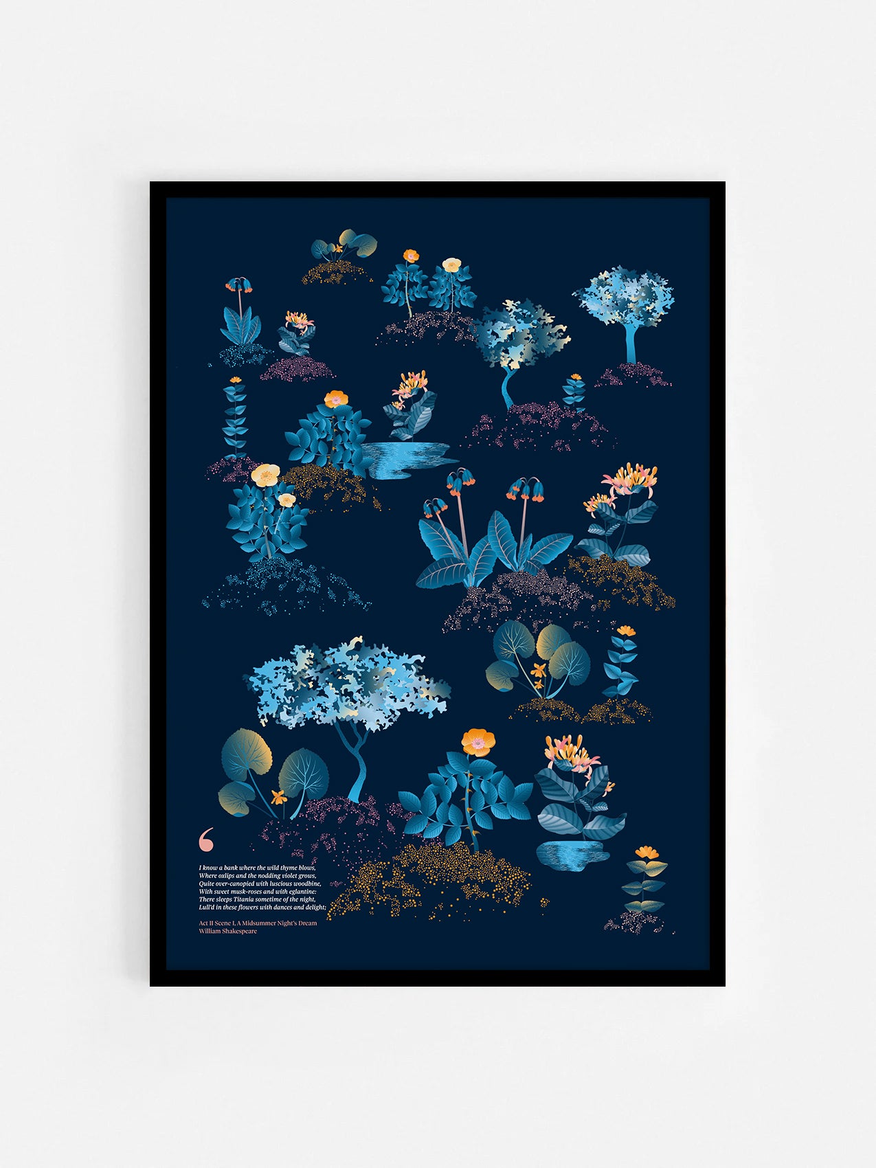 Floral art print 'Midsummer Forest' with blue, orange, and golden hues, inspired by Shakespeare's woodland - Black Frame.