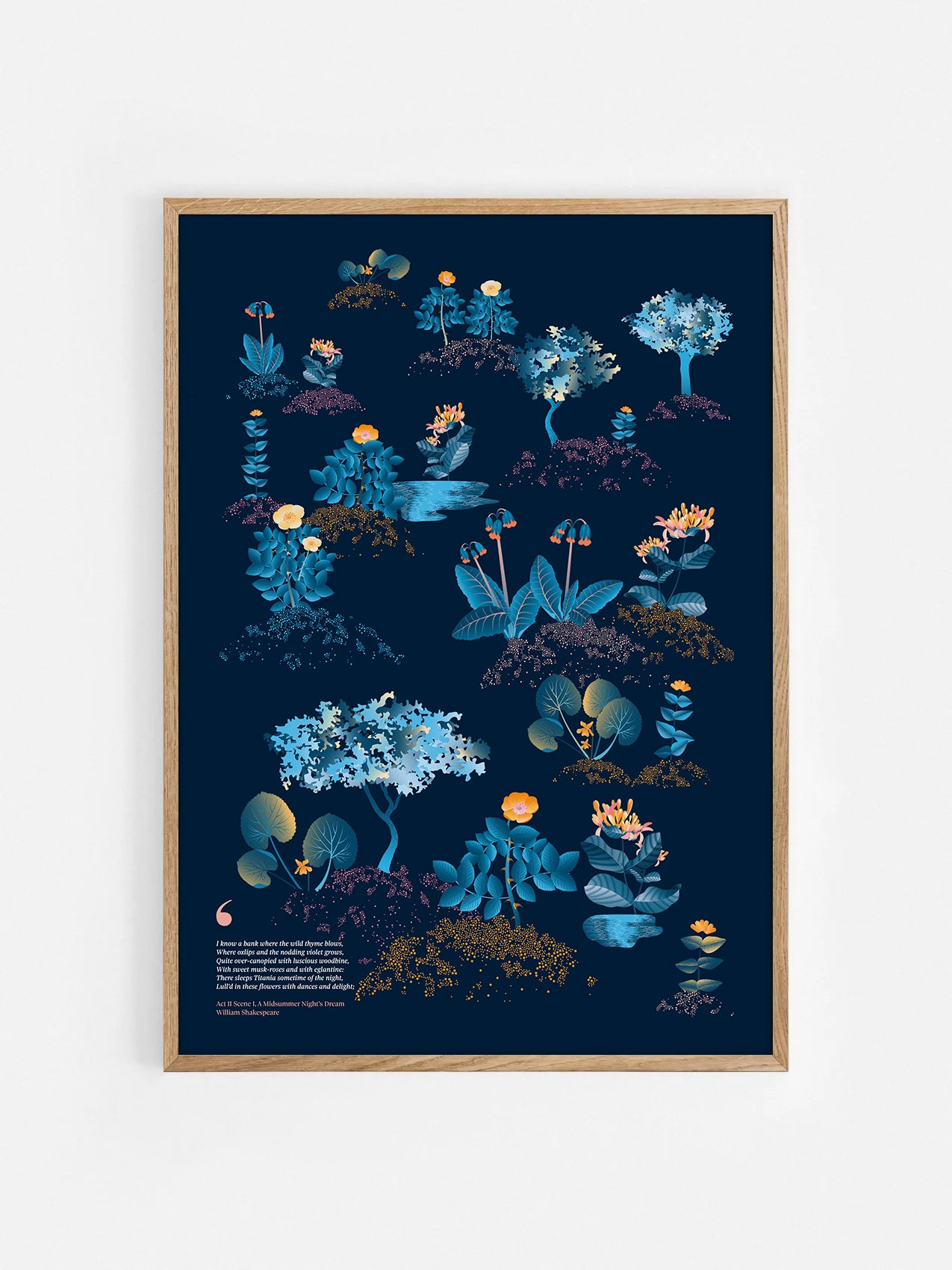 Floral art print 'Midsummer Forest' with blue, orange, and golden hues, inspired by Shakespeare's woodland - Oak Frame.