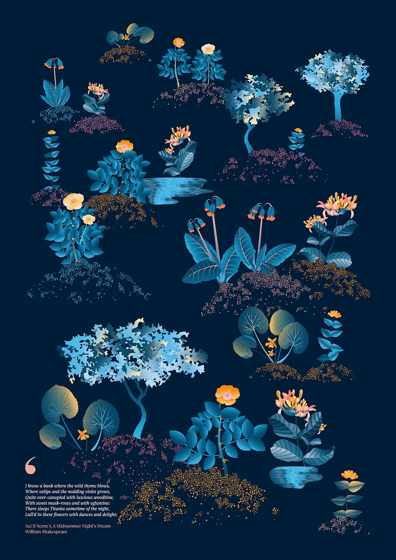 Floral art print 'Midsummer Forest' with blue, orange, and golden hues, inspired by Shakespeare's woodland - Print Only.