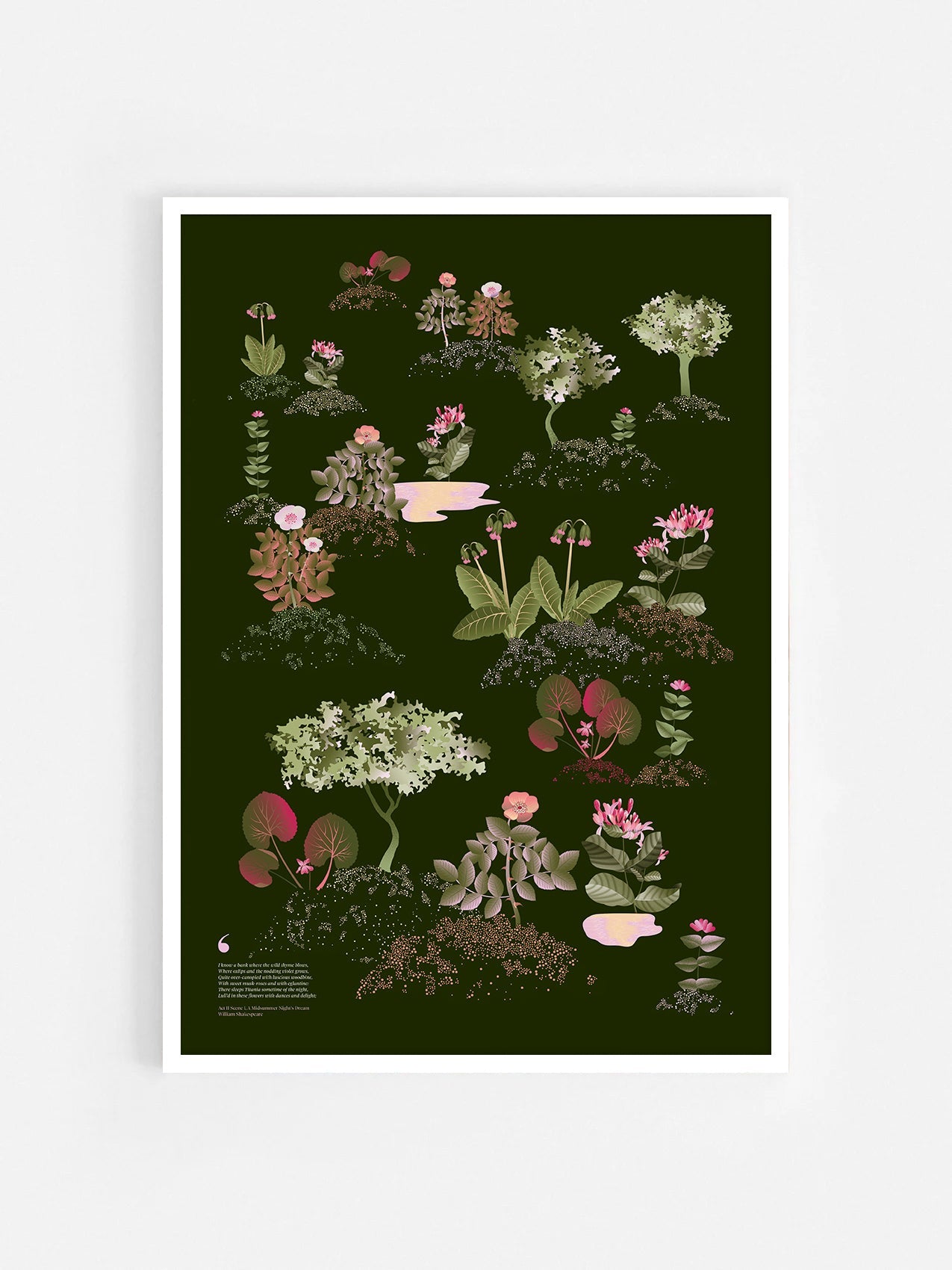 Floral art print 'Midsummer Forest' with olive, pink, and pomegranate hues, inspired by Shakespeare's woodland - White Frame.