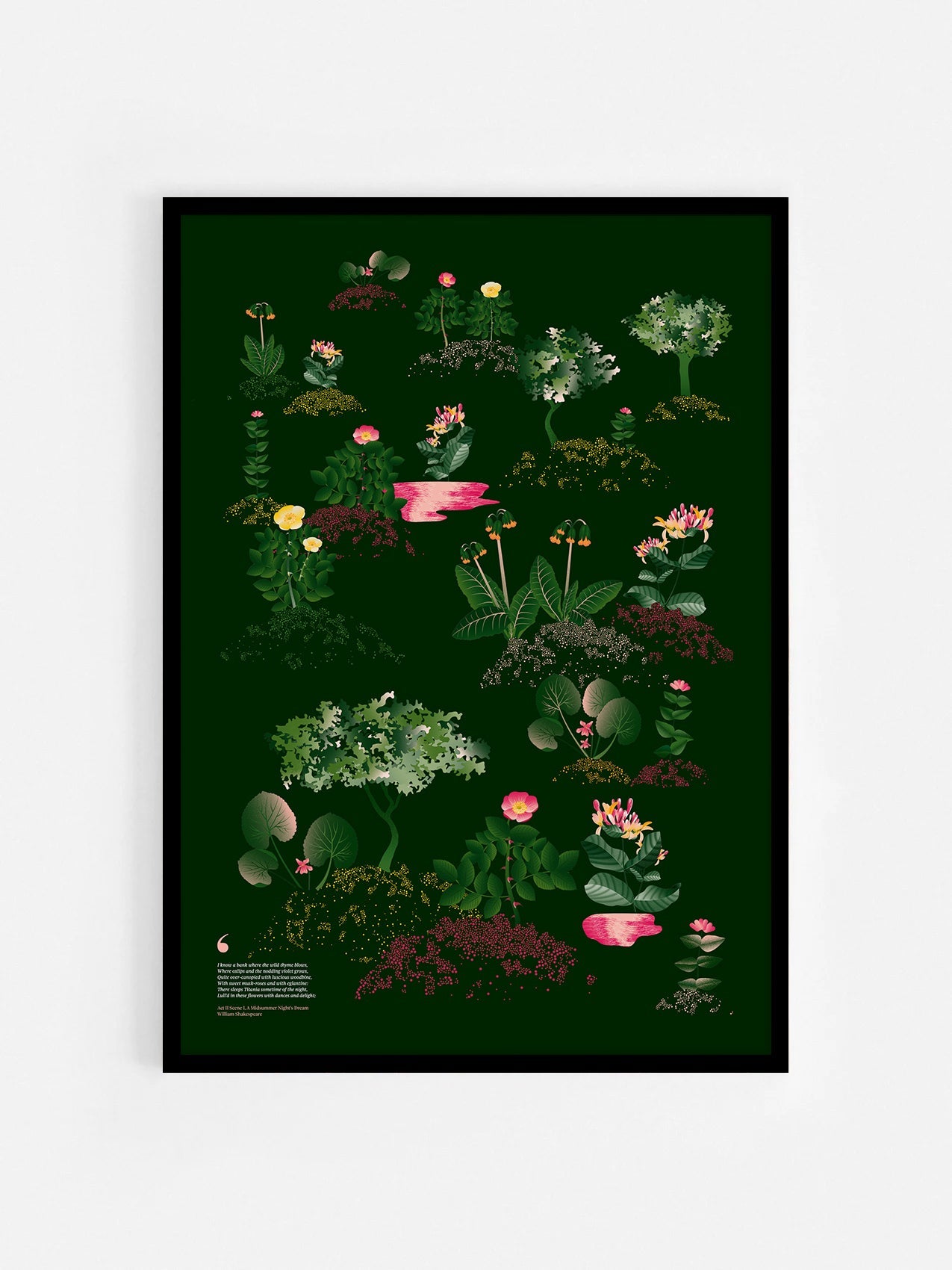 Floral art print 'Midsummer Forest' with forest green, saffron, and magenta hues, inspired by Shakespeare's woodland - Black Frame.