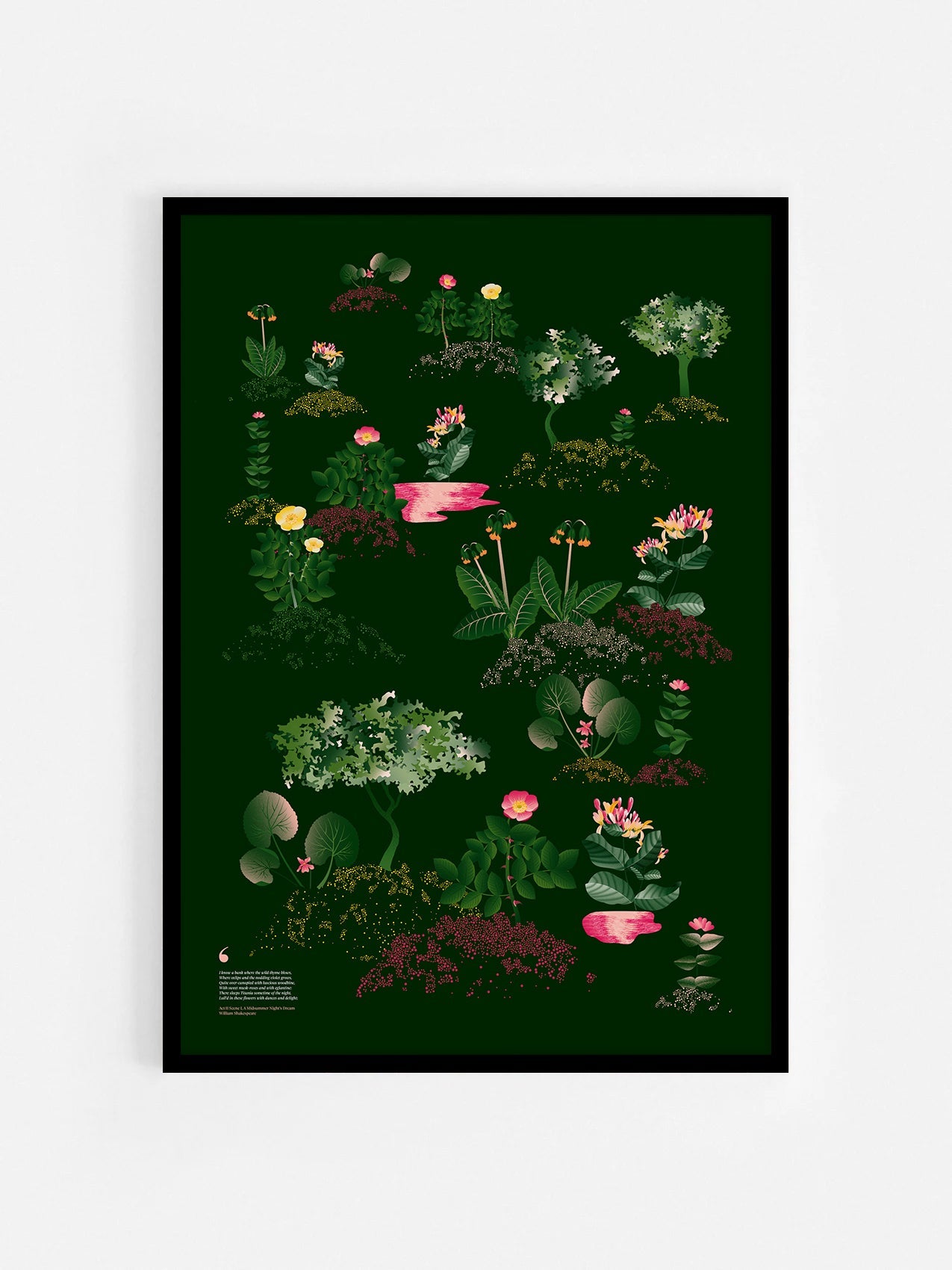 Floral art print 'Midsummer Forest' with forest green, saffron, and magenta hues, inspired by Shakespeare's woodland - Black Frame.
